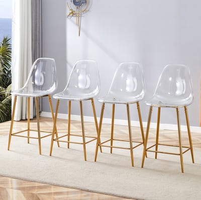 MIVRAY Barkruk - Transparante Barkruk Met Rugleuning - Set van 4 - Voor Keuken, Bar en Eetkamer - Kunststof en Metaal - Transparant Goud