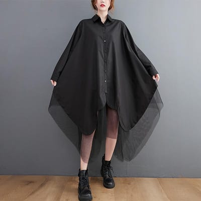 Koreaanse Grote Losse Fake Tweedelige Grote Swing Irreguliere Splicing Dubbellaags Mesh Shirt Rok One size zwart