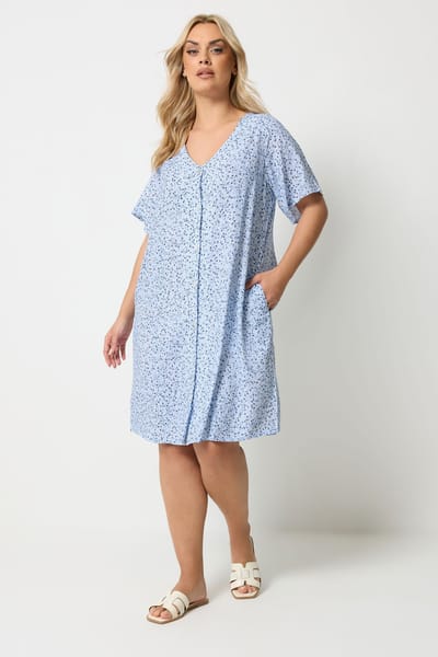 Yours Blauwe Tuniekjurk Met Bloemenprint En Knoopsluiting Size 42