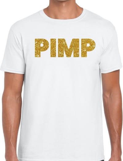 Pimp glitter tekst t-shirt - wit - voor heren - Pooier thema - verkleedkleding - gouden print S