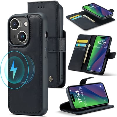Casemania Echt Leren Hoesje Geschikt voor Apple iPhone 15 Plus - Charcoal Gray - 2-in-1 Magnetisch Afneembare Book Case - Portemonnee Hoes met Pasjeshouder - Geschikt voor MagSafe
