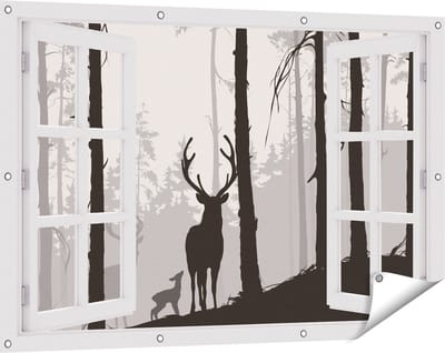 Gards Tuinposter Doorkijk Herten in het Bos - Silhouet - 120x80 cm - Tuindoek - Tuindecoratie - Wanddecoratie buiten - Tuinschilderij