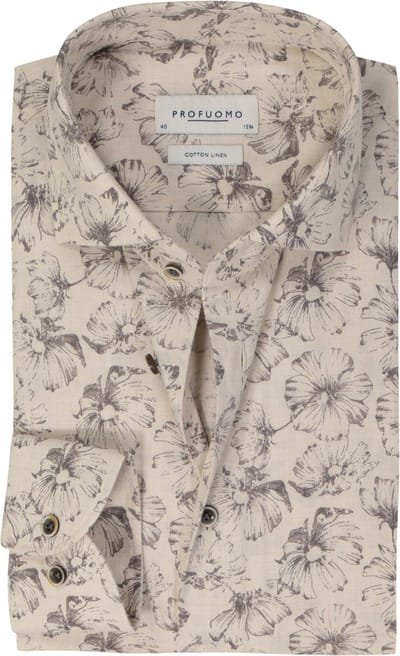 Profuomo Overhemd Bloemenprint Beige - Maat 38 - Heren - Overhemden Casual