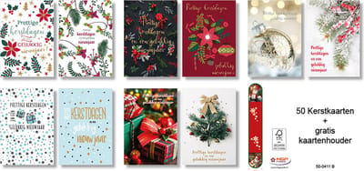 MGPcards - 50 Dubbele Kerstkaarten met envelop - Gratis kaartenhouder - Voordelige Kerstkaarten - Plastic vrij - Formaat: 10 x 14 cm - FSC