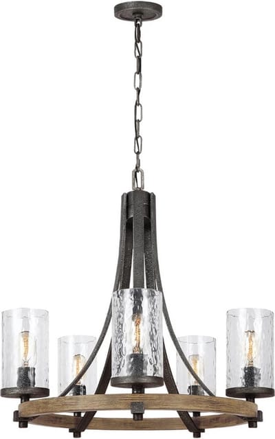 Feiss LED Kroonluchter | 5X E27 Max 60W | Dimbaar | Distressed Weathered Oak & Slate Grey Metal