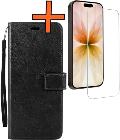 Hoes - Met Screenprotector - Geschikt voor Apple iPhone 17 - Luxe Pasjeshouder - Bookcase Portemonee - Flip Case - Kunstleer Book Case - Flipcase - Book Cover - Walletcase - PortemonneeHoes - Zwart