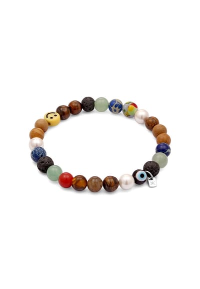 KUZZOI - Armband - Armband Heren Lachend Gezicht Agaat Tijgeroog Schelp Parel Bruin Blauw 925 Sterling Zilver Festival 21 cm -
