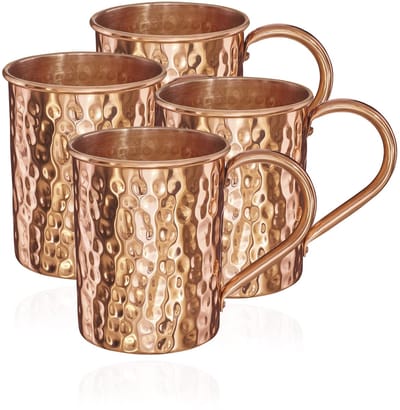 Dailygoods- Koperbeker 500 ml - Set van 4 - Handgemaakt - Gehamerd - Voedselveilig - Cilinder vorm - Cocktailbeker