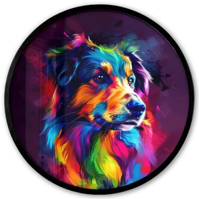 Poster in lijst Rond - Fotolijst 40x40 cm - Posters - Hond - Kleurrijk - Dier - Dierenhoofd - Ronde posterlijst zwart - Decoratie - Wanddecoratie woonkamer - Muurdecoratie slaapkamer