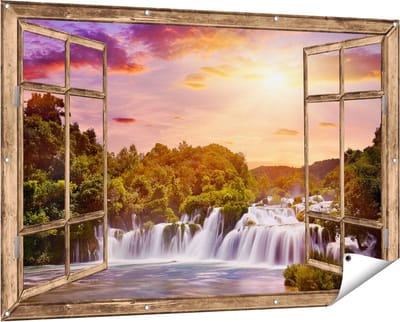 Gards Tuinposter Doorkijk Watervallen in het Bos - 150x100 cm - Tuindoek - Tuindecoratie - Wanddecoratie buiten - Tuinschilderij