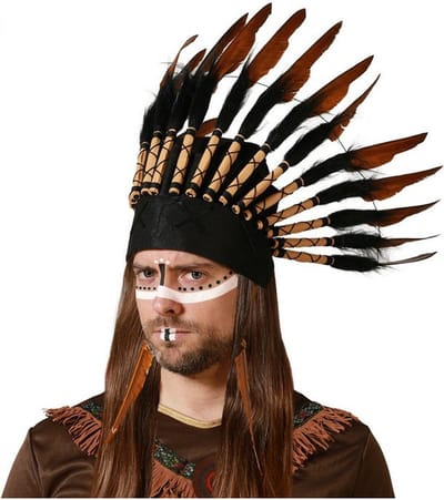 Atosa indianen veren hoofd tooi voor heren - zwart/bruin - met ornamenten - carnaval/verkleed accessoires - volwassenen