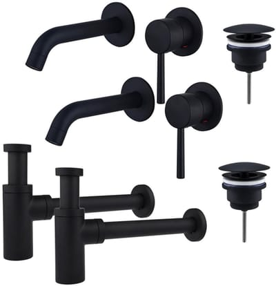 FugaFlow Eccelente Sobrado Badkamer Slim Wastafelkraanset - voor dubbele wastafel - inbouw wastafelkraan - always open plug - design sifon - Mat zwart