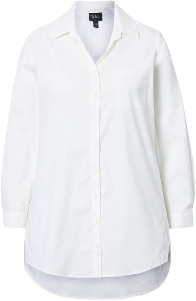 Ulla Popken - Dames - Lange blouse sierbanden overhemdkraag V-hals lange mouwen - Off-white - Maat 42+