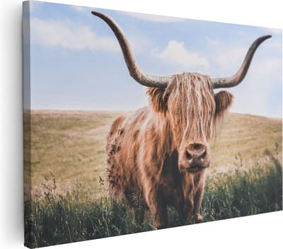 Artaza Canvas Schilderij Hooglander - 30x20 cm - Klein - Muurdecoratie Gewei - Wanddecoratie Dierenkop - Schilderijen Op Canvas