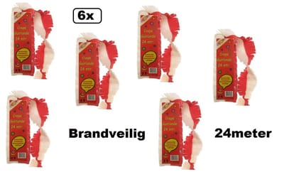 6x Crepe guirlande brandveilig rood/wit 24 meter - BRANDVEILIG - verjaardag vlaglijn festival thema feest carnaval optocht
