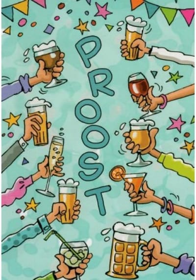 Proost! Van harte gefeliciteerd met je verjaardag! Een kleurrijke kaart met veel mensen die proosten op jouw verjaardag met allerlei drankjes. Bovenin hangen nog leuke vlaggetjes. Een dubbele wenskaart inclusief envelop en in folie verpakt.