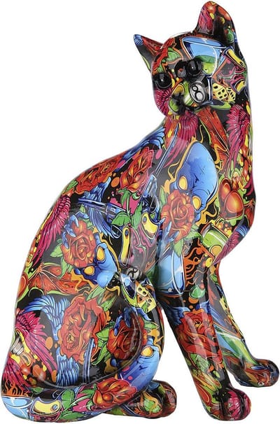 Kat street art donker 29 cm hoog - figuur - beeldje - interieur - voor binnen - kleurrijk - decoratie - stuk - kunststof - origineel - cadeau - geschenk - gift - verjaardag - Kerst - Nieuwjaar - Pasen - Valentijn