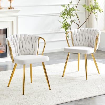 Eetkamerstoel - Luxe Kuipstoel Met Armleuningen - Set Van 2 - Gevlochten Rugleuning En Gouden Metalen Poten - Velvet Beige