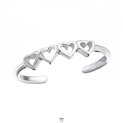 Zilveren teenring - vier hartjes - 925 zilver - hypoallergeen