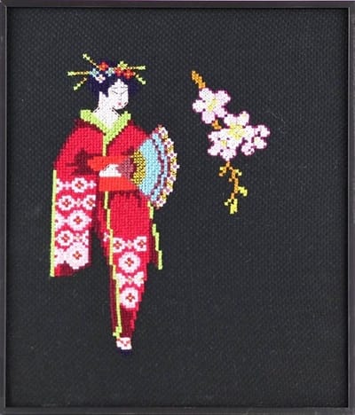 Pako Borduurpakket - tel patroon met code kaart - Geisha met amandelbloesem - 216.221 - voorgesorteerd garen - Aida zwart - 21 x 25 cm/ 13 x18 cm - DIY kit
