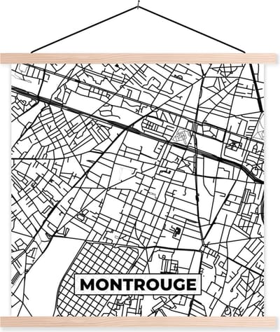 Posterhanger incl. Poster 40x40 cm - Schoolplaat - Montrouge - Plattegrond - Kaart - Frankrijk - Stadskaart - Zwart wit - Textielposter - Blanke latten - Stadskaart