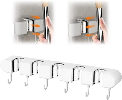 Famanu – Bezemhouder wandmontage – Zelfklevend rek met 5 houders en 6 haken, extra opbergruimte zonder boren – Voor keuken, badkamer en garage (wit)
