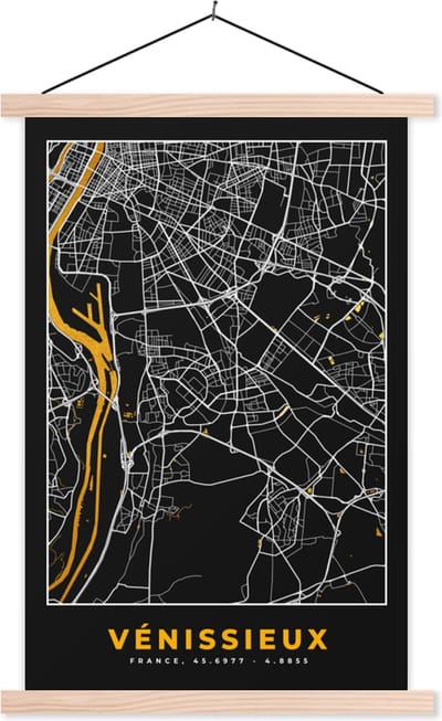 Posterhanger incl. Poster 40x60 cm - Schoolplaat - Vénissieux – Plattegrond – Frankrijk – Kaart – Stadskaart - Textielposter - Blanke latten - Stadskaart