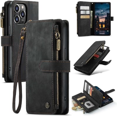 Caseme - Geschikt voor iPhone 14 Pro Max - Vintage 2 in 1 portemonnee hoes - Zwart