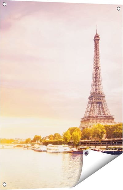 Gards Tuinposter Eiffeltoren in Parijs aan het Water - 60x80 cm - Tuindoek - Tuindecoratie - Wanddecoratie buiten - Tuinschilderij