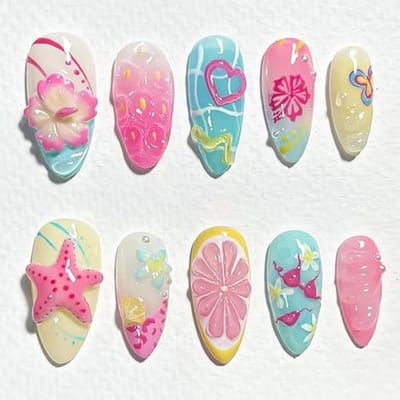 Dailygoods- Kunstnagels 24 Stuks - Amandelvorm - 3D Bloemen/Sterrenontwerpen - Volledige Dekking - Zelfklevende Plaknagels - Eenvoudig Aanbrengen - Nepnagels