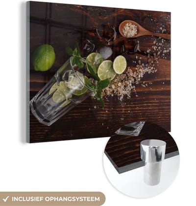 MuchoWow® Glasschilderij 120x90 cm - Schilderij acrylglas - Cocktail - Fruit - Limoen - Foto op glas - Schilderijen