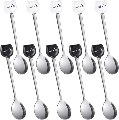 Set van 10 RVS Koffielepels met Kattenkop, Ideaal voor Koffie, Thee en Desserts, Perfect voor Kattenliefhebbers