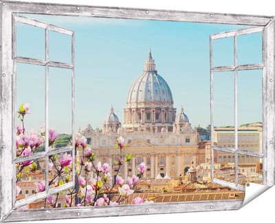 Gards Tuinposter Doorkijk Sint Pietersbasiliek in Rome met Bloemen - 180x120 cm - Tuindoek - Tuindecoratie - Wanddecoratie buiten - Tuinschilderij