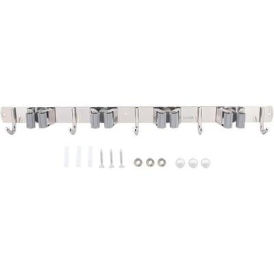 Support mural en acier inoxydable 304 gris pour balais et serpillères, avec 4 supports et 5 crochets white