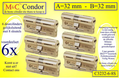 M&C Condor - High Security deurcilinder - SKG*** - 6 STUKS GELIJKSLUITEND  - 32x32 mm - met 8 sleutels  -  Politiekeurmerk Veilig Wonen  -  inclusief gereedschap montageset