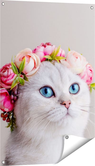 Gards Tuinposter Kat met een Bloemen Kroon - 60x90 cm - Tuindoek - Tuindecoratie - Wanddecoratie buiten - Tuinschilderij