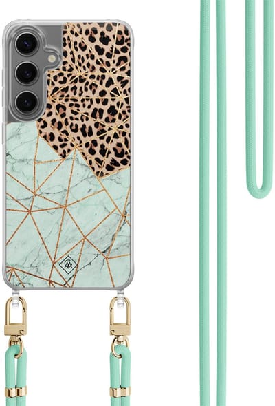 Casimoda® hoesje met koord - Geschikt voor Samsung S24 Plus - Luipaard Marmer Mint - Afneembaar koord - TPU/polycarbonaat - Mint