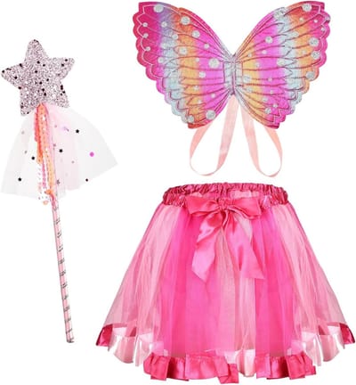 3-delig Vlinder Kostuum voor Meisjes met Vlindervleugels, Tutu Rok en Toverstaf voor Carnaval en Feestjes