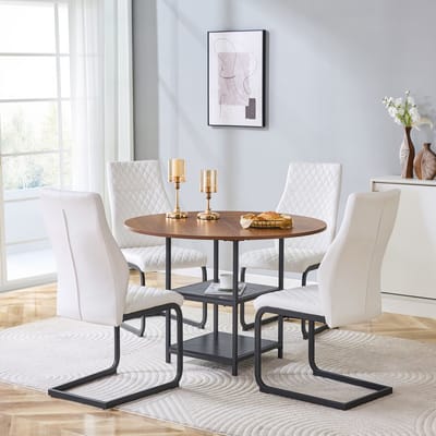 OKWISH Eettafelset 107 Cm - Ronde Eettafel Met Dubbele Opbergruimte En 4 Eetkamerstoelen - MDF, Metaal En PU - Walnoot, Wit