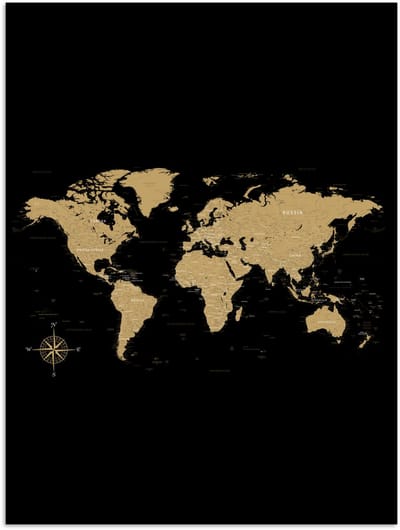 Poster 120x160 cm - Wereldkaart - Beige - Zwart - Posters - Kamer decoratie - Wanddecoratie woonkamer - Muurdecoratie slaapkamer XXL