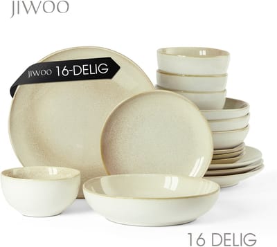 Serviesset 16-Delig, Dinnerset 4 Persoons, Dubbel reactief glazuur, Geschikt voor familiefeesten, banketten, restaurants, Horeca en picknicks, Magnetron-vaatwasserbestendig, Keramiek