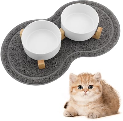 keramische kattenschaal met houder, 400 ml, wit, voederdispenser voor katten met 2 schalen, geschikt voor katten van alle maten en puppy's (wit)