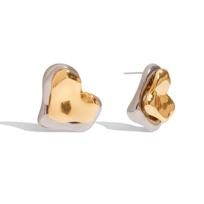 Bijoutheek Oorknoppen Dubbel Hart Voor Achter Bicolor Zilver