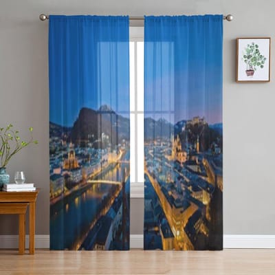 Een stadsgezicht van de stad Salzburg in Oostenrijk Tule Transparante Gordijnen voor Woonkamer Keukendecoratie Voile Organza Gordijnen 135W x 114H(cm) gray