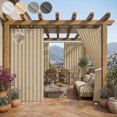 Qelus Anti-Haak Buitengordijn Waterdicht - Krasbestendig Outdoor Gordijn met Permanente Plooi 140x200 cm - Slijtvast Verduisterend Terrasgordijn voor Tuin & Balkon - Beige - 1 paneel