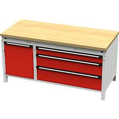 Otto Kind brede werkbank type 440, multiplexplaat van beukenhout, vlak af, tot 1400 kg, B 1697 x D 750 x H 850 mm, staal, centrale vergrendeling, lichtgrijs/vuurrood