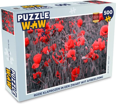 Puzzel Rode Klaprozen in een zwart wit afbeelding - Legpuzzel - Puzzel 500 stukjes
