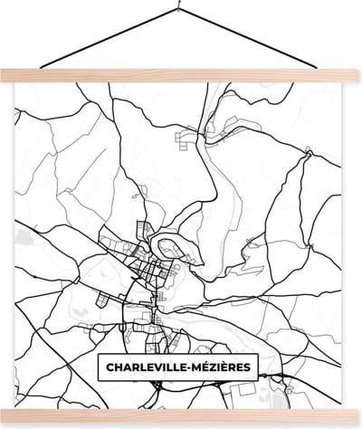 Posterhanger incl. Poster 40x40 cm - Schoolplaat - Stadskaart - Charleville-Mézières - Plattegrond - Kaart - Frankrijk - Zwart wit - Textielposter - Blanke latten - Stadskaart