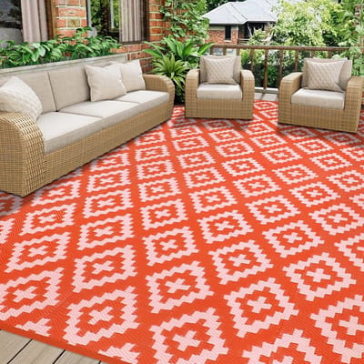 Omkeerbaar buitentapijt, 270 x 365 cm, waterdicht, voor buiten, gerecycled, wasbaar, uv-bestendig, tapijt voor terras, picknick, tuin, rood
