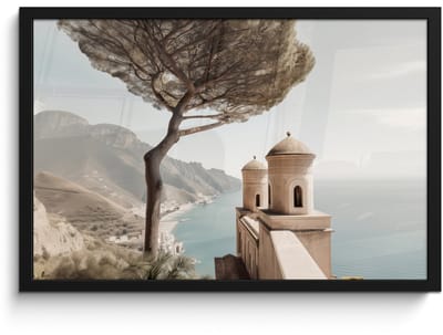 Poster in lijst - Fotolijst 60x40 cm - Posters - Kust - Klif - Boom - Gebouw - Posterlijst zwart - Decoratie - Wanddecoratie woonkamer - Muurdecoratie slaapkamer
